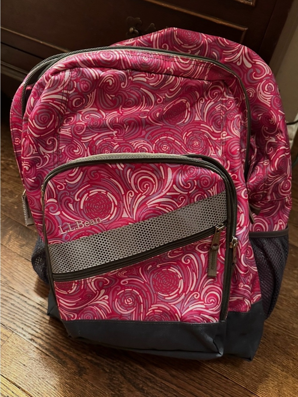 L.L. Bean Pink Swirl Canvas Backpack with Gray Accents
